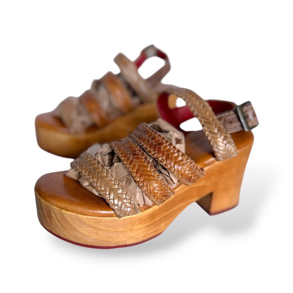 Bed Stu Voicing Braided Leather Platform Sandals Wood Block Heel Tan Clog Sz 6.5